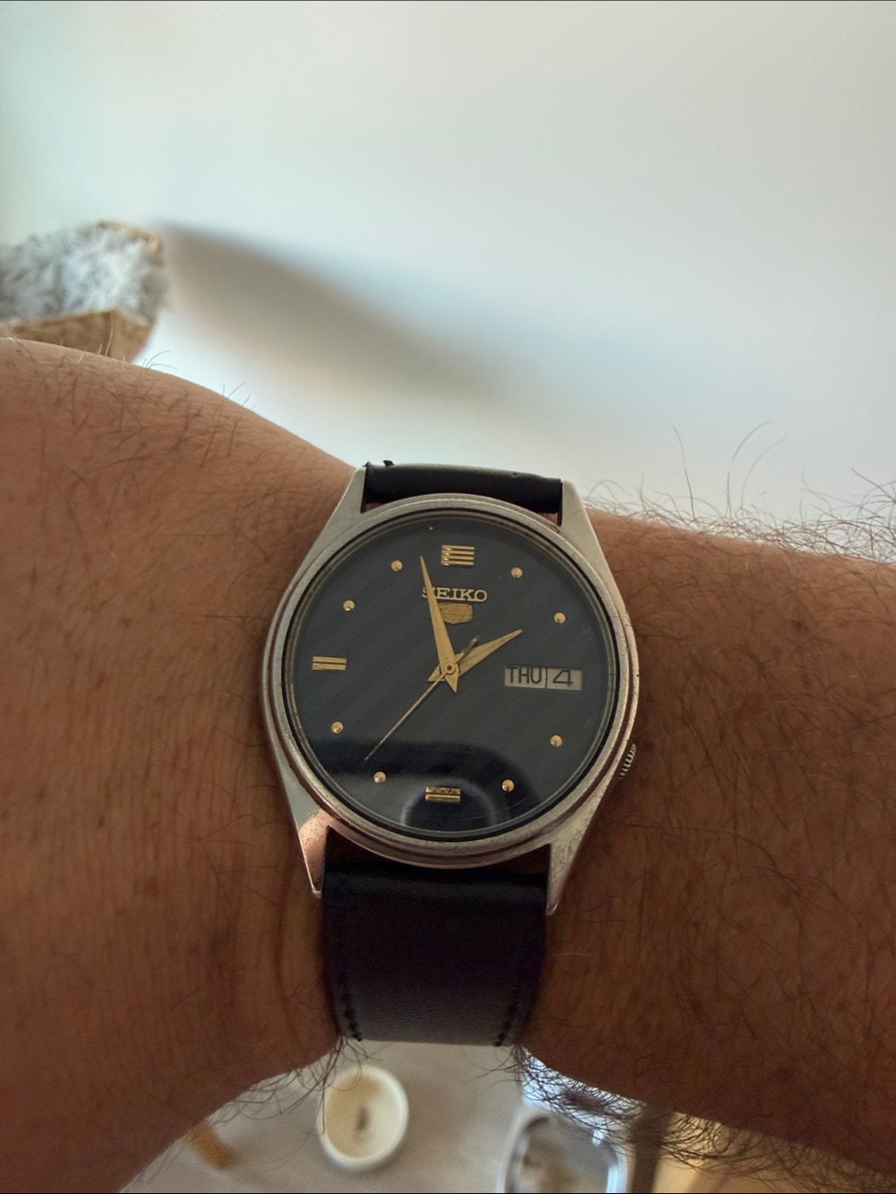 Seiko Black Dial with Gold Accents Leather Strap Watch
